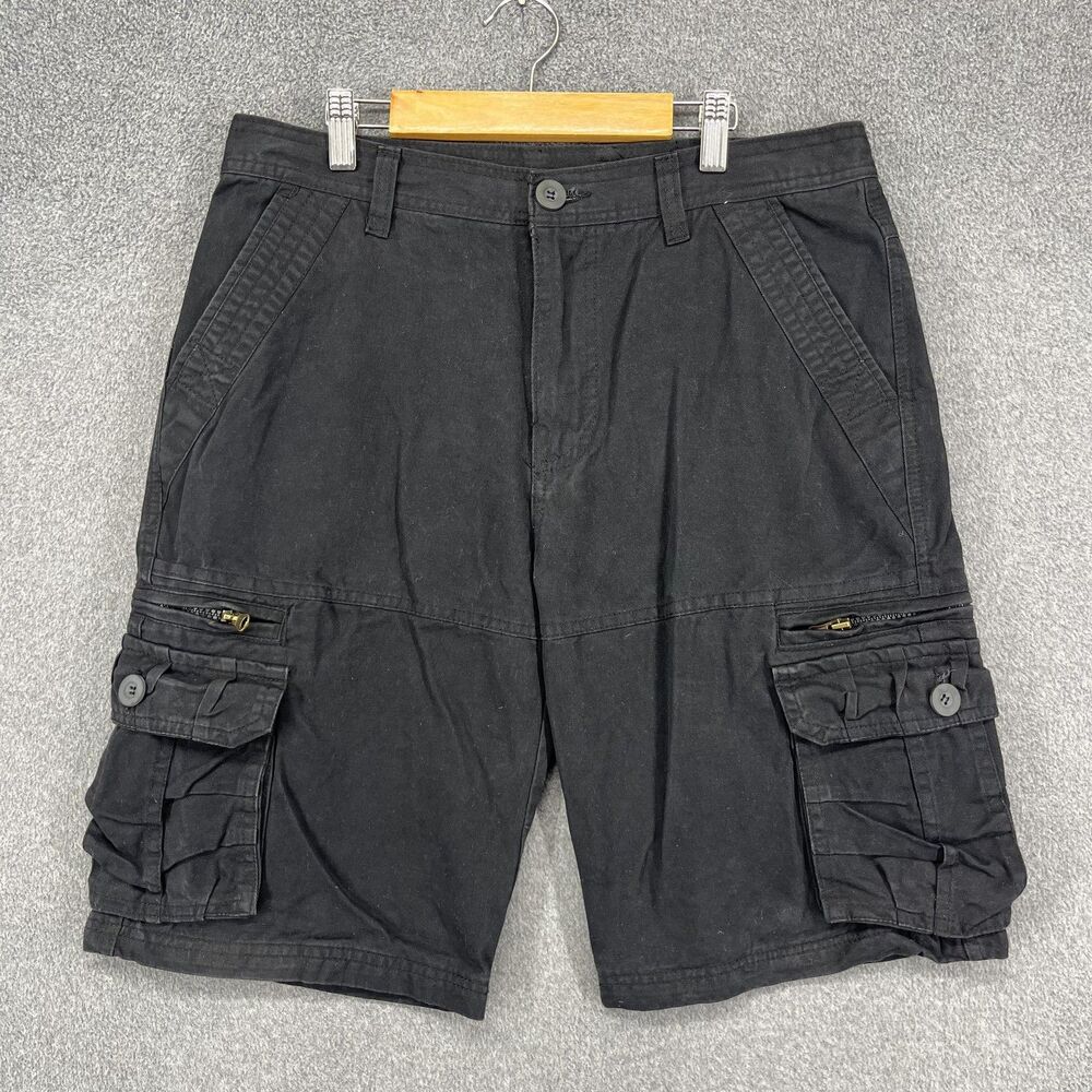 Cargo Shorts Mens 32 Black Cotton Multi Pocket Utility Zip Button Pockets Casual